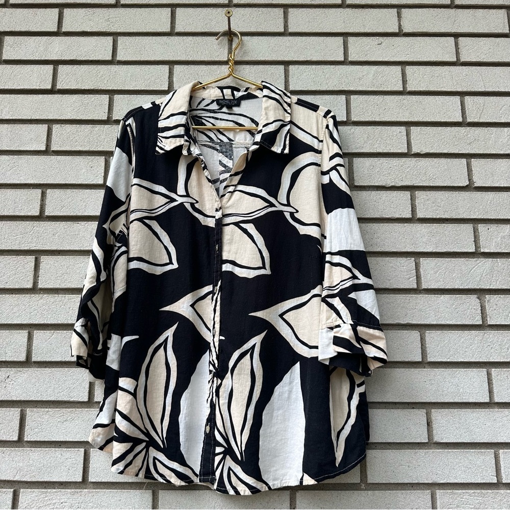 RACHEL ZOE Plus 3X Linen Blend Oversized Black White Beige Floral Button Top